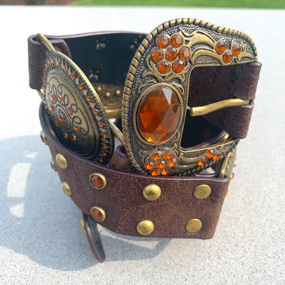 Vintage 90s Y2K Brown Leather Brass Rhinestone Stud Concho Boho Hip Belt - Picture 2 of 16